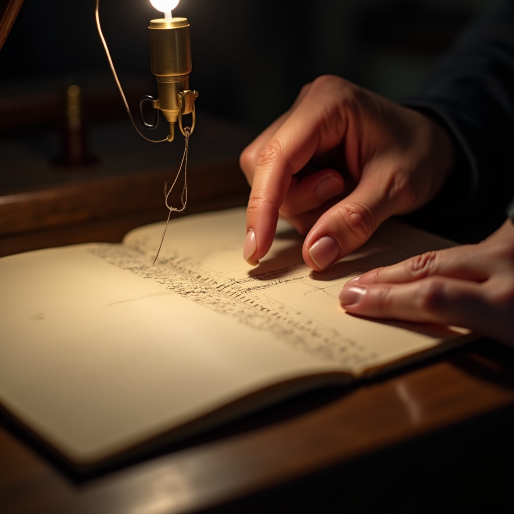 Mani di artigiano che cuciono le segnature di un libro antico