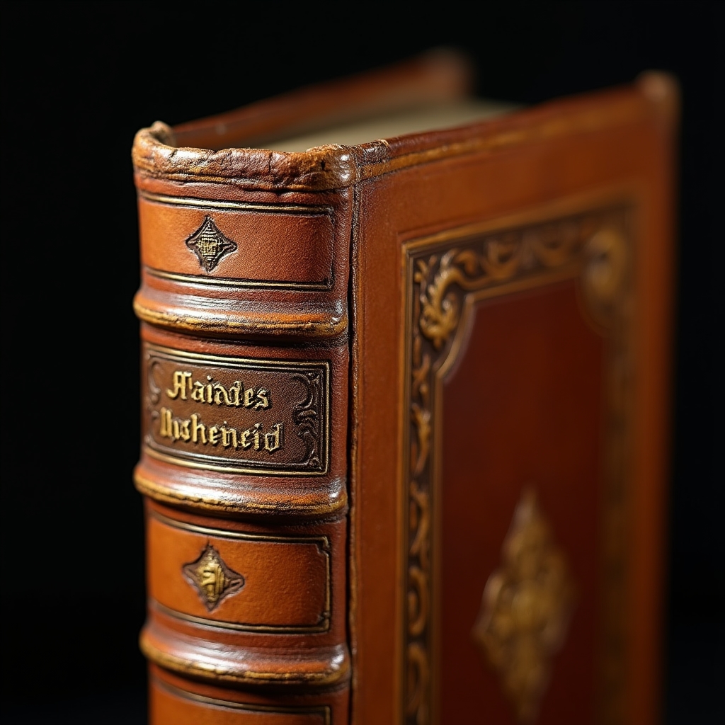 Dettaglio del dorso di un libro antico restaurato con nervi e titolo in oro