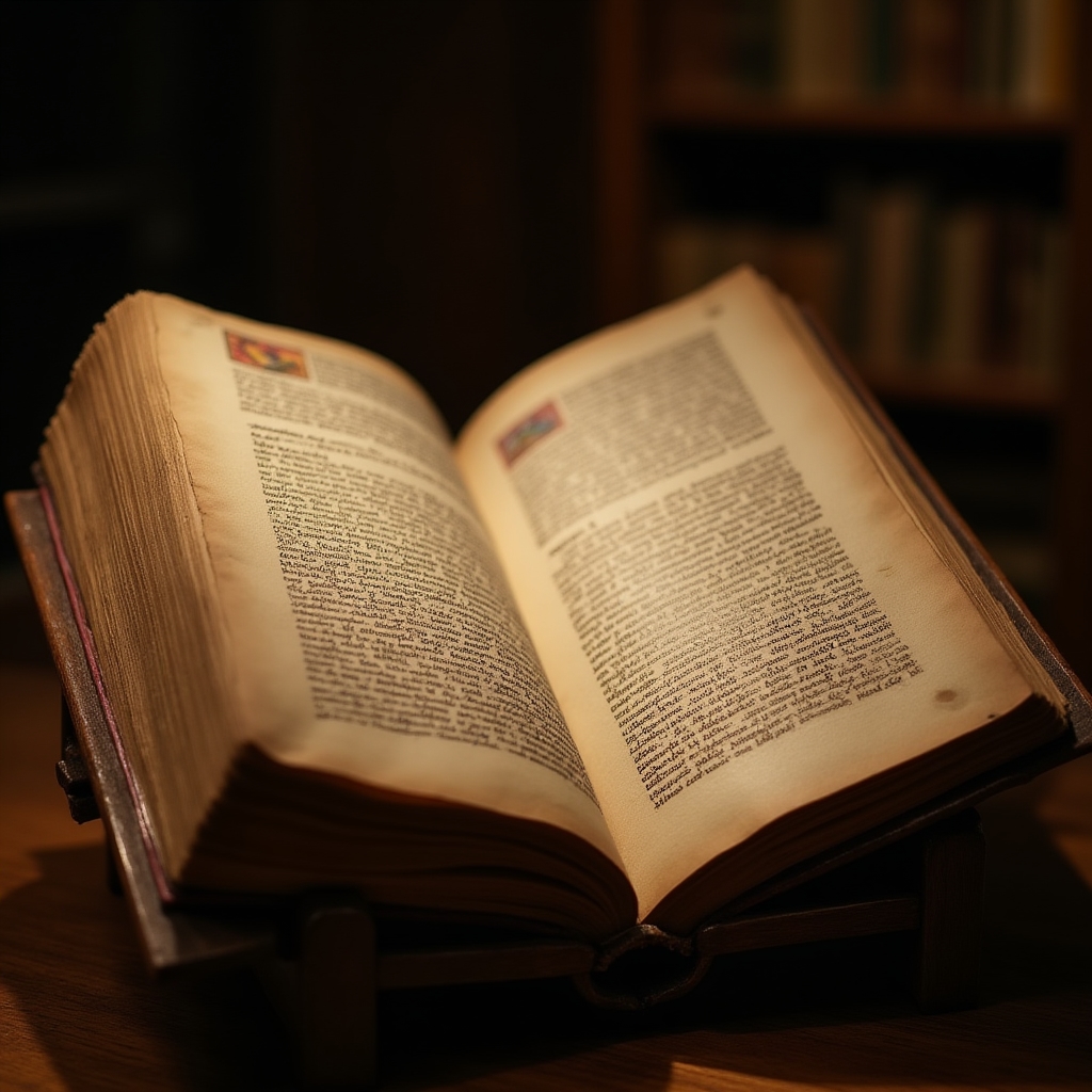 Manoscritto storico restaurato aperto su un leggio con illuminazione calda