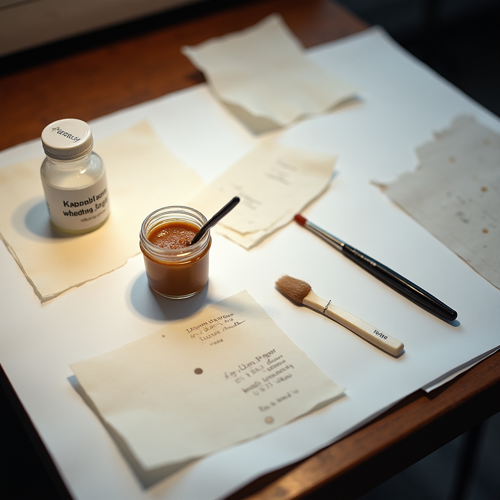 Materiali di restauro tra cui colla di pasta, carta giapponese e strumenti di precisione