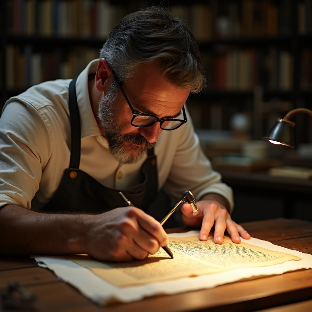 Restauratore che esamina un documento storico con lente di ingrandimento